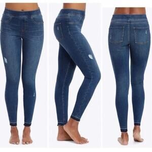 SPANX Distressed Denim Legging Skinny Jeans in Medium Wash Raw Hem - Size M